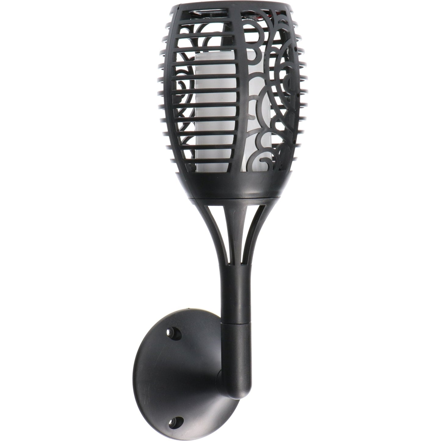 Zwarte wandlamp met elegante, gedraaide metalen omhulsel en witte LED-lichtbron, geschikt voor buitenverlichting. Modern design met montageplaat voor wandmontage in tuin of patio.