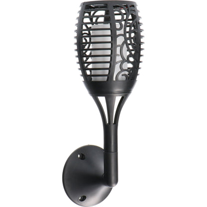 Zwarte wandlamp met elegante, gedraaide metalen omhulsel en witte LED-lichtbron, geschikt voor buitenverlichting. Modern design met montageplaat voor wandmontage in tuin of patio.