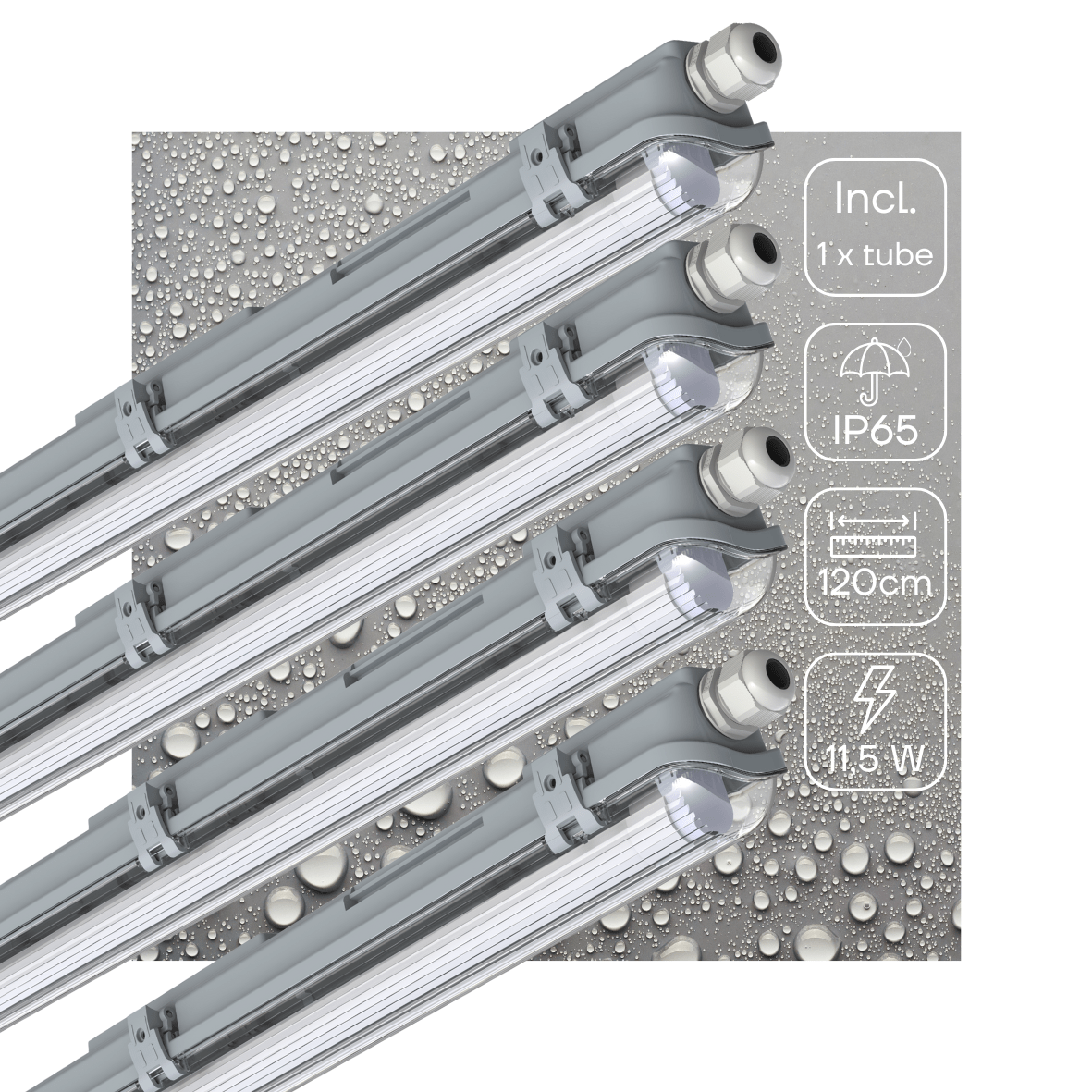 LED-tubulairverlichting met witte, glazen buis en zichtbare contactpunten, inclusief een set witte, goudkleurige contacten voor energiezuinige verlichting in kantoren en industriële ruimtes.