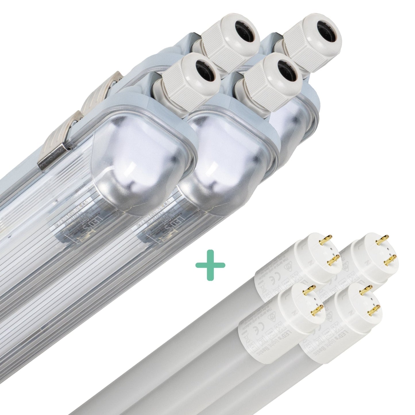LED-tubulairverlichting met witte, glazen buis en zichtbare contactpunten, inclusief een set witte, goudgekleurde contacten voor energiezuinige verlichting in kantoren en industriële ruimtes.