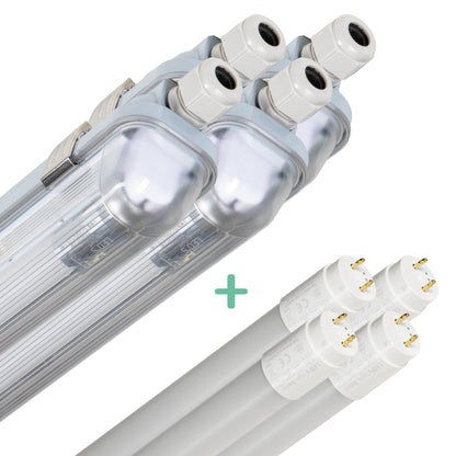 LED-tubulairverlichting met witte, glazen buis en zichtbare contactpunten, inclusief een set witte, goudgekleurde contacten voor energiezuinige verlichting in kantoren en industriële ruimtes.