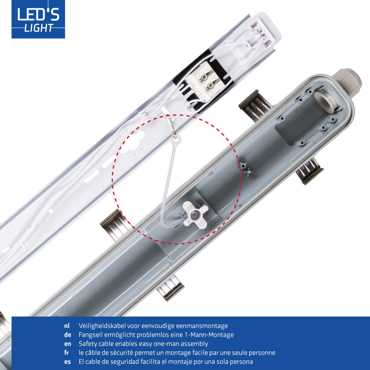 LED-tubulairverlichting met witte, glazen buis en draadloze aansluitingen, geïntegreerd met een set witte, goudgekleurde contacten voor energiezuinige verlichting in kantoren en industriële ruimtes.