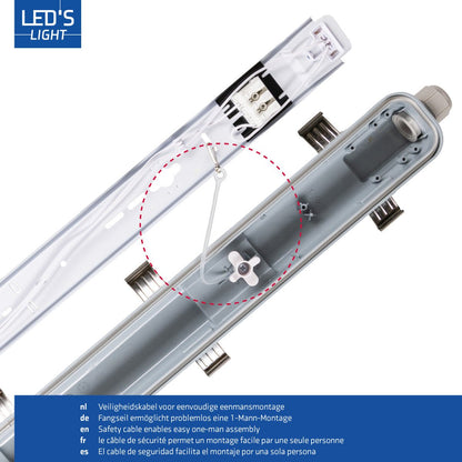 LED-tubulairverlichting met witte, glazen buis en draadloze aansluitingen, geïntegreerd met een set witte, goudgekleurde contacten voor energiezuinige verlichting in kantoren en industriële ruimtes.