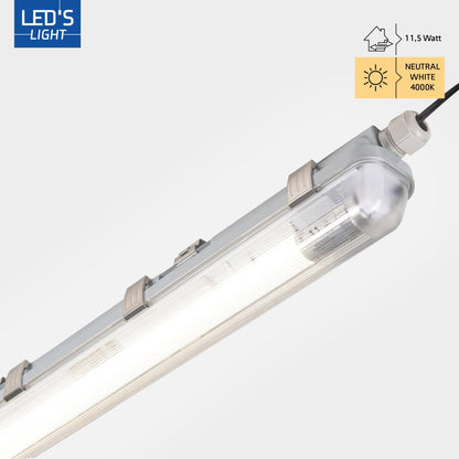 LED-tubulairverlichting met witte, glazen buis en zichtbare contactpunten, inclusief een set witte, goudkleurige contacten voor energiezuinige verlichting in kantoren en industriële ruimtes.