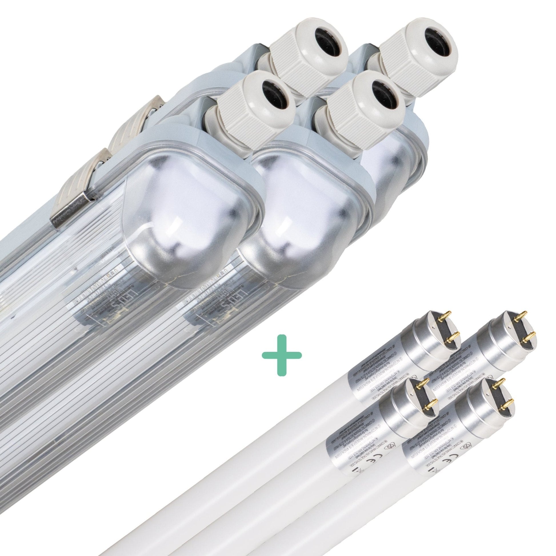 LED-tubulairverlichting met witte, glazen buis en zichtbare aansluitingen, geïntegreerd met een set witte T8-buislampen voor energiezuinige verlichting in kantoren en industriële ruimtes.