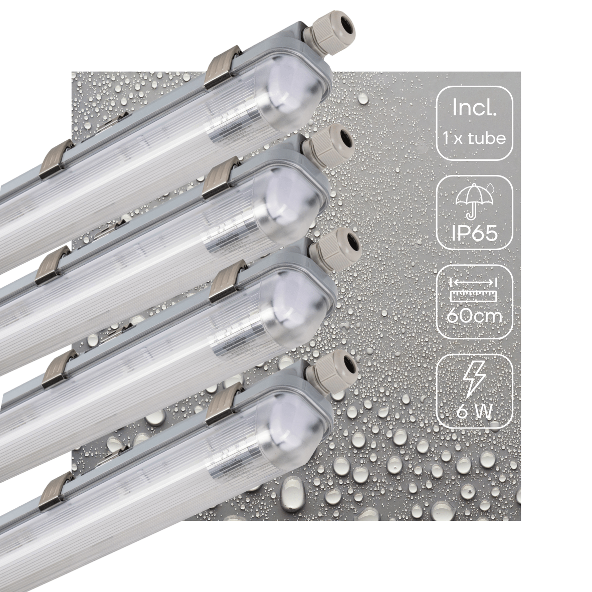 LED-tubulairverlichting met witte, glazen buis en zichtbare aansluitingen, geïntegreerd met een set witte T8-buislampen voor energiezuinige verlichting in kantoren en industriële ruimtes.