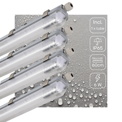LED-tubulairverlichting met witte, glazen buis en zichtbare aansluitingen, geïntegreerd met een set witte T8-buislampen voor energiezuinige verlichting in kantoren en industriële ruimtes.