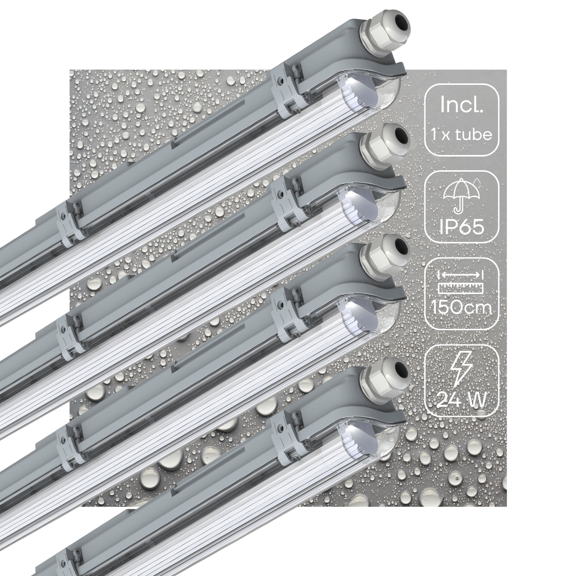 Zilverkleurige LED-balklamp met vier witte aansluitingen, geïntegreerd met vier witte T8 LED-buisverlichting voor energiezuinige, professionele verlichting in kantoren en industriële ruimtes.
