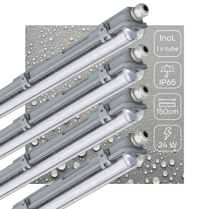 Zilverkleurige LED-balklamp met vier witte aansluitingen, geïntegreerd met vier witte T8 LED-buisverlichting voor energiezuinige, professionele verlichting in kantoren en industriële ruimtes.