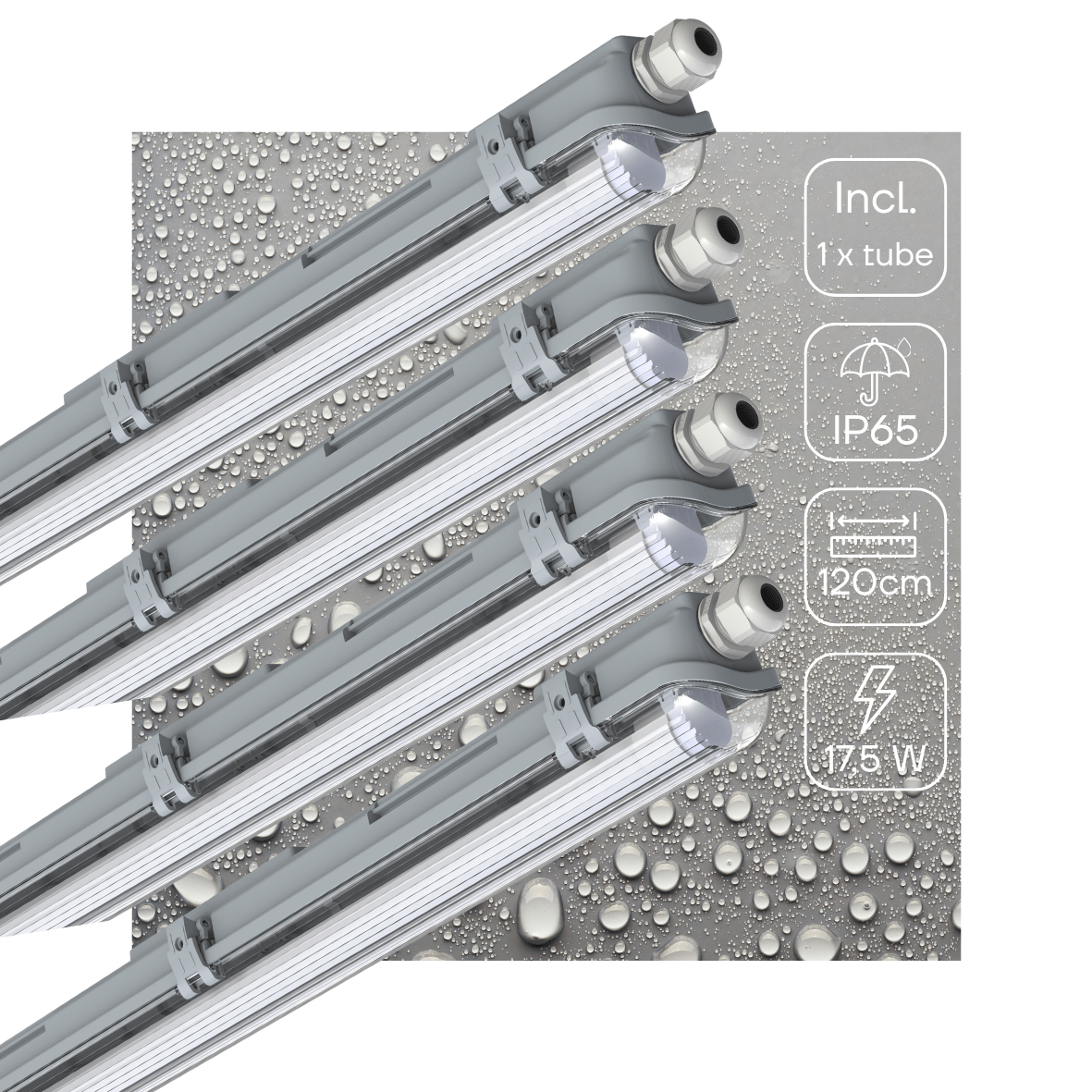 Zilverkleurige LED-balklamp met vier witte aansluitingen, geïntegreerd met vier witte T8 LED-buisverlichting voor energiezuinige, professionele verlichting in kantoren of industriële ruimtes.