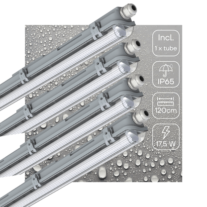 Zilverkleurige LED-balklamp met vier witte aansluitingen, geïntegreerd met vier witte T8 LED-buisverlichting voor energiezuinige, professionele verlichting in kantoren of industriële ruimtes.