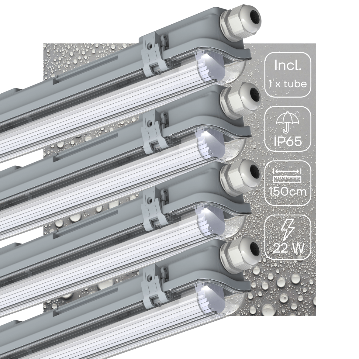 Zilverkleurige, waterdichte LED-buis met IP65-klasse, geschikt voor buitenverlichting. 150 cm lang, 22 W, inclusief 1x buis, met duidelijke waterdruppels op de oppervlakte.