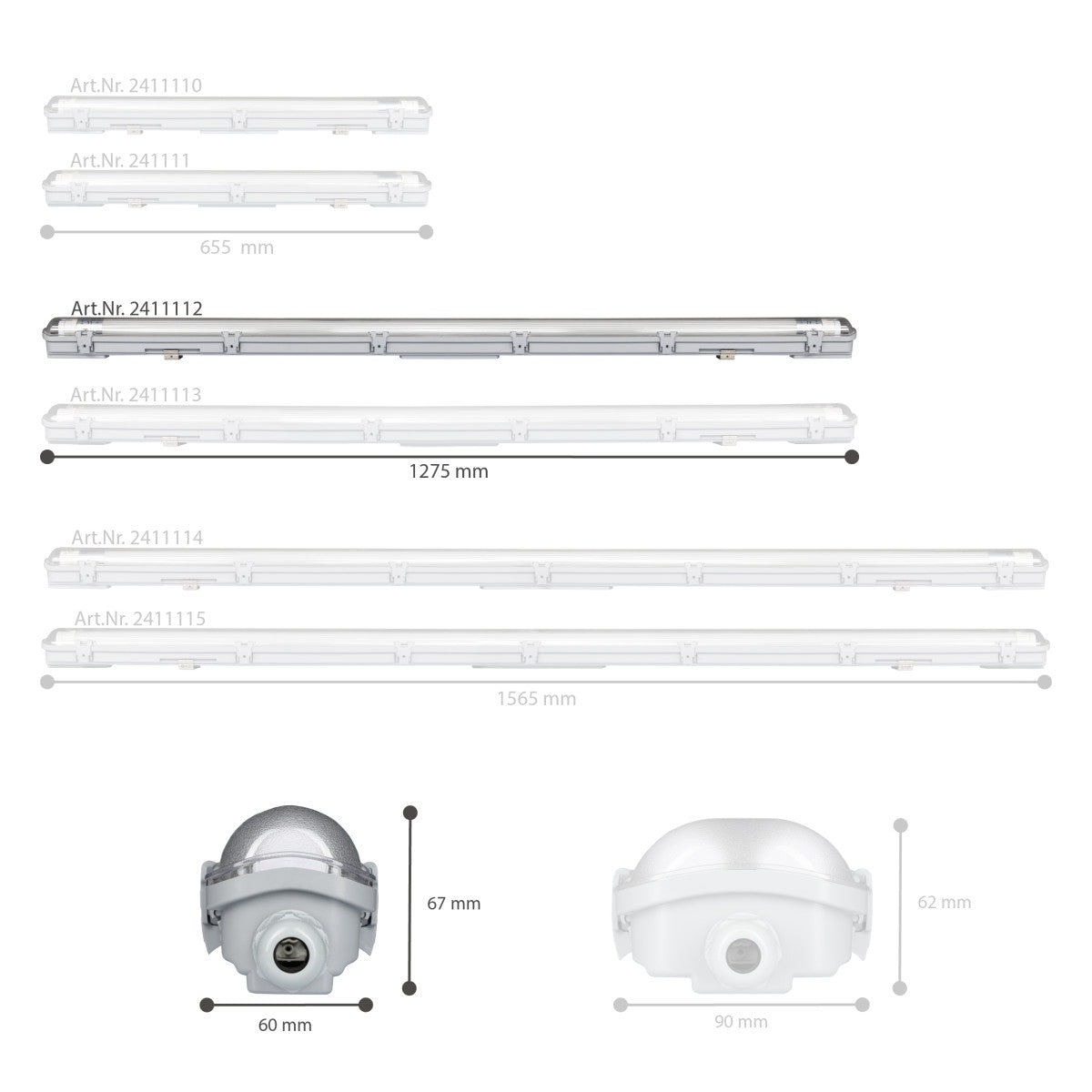 Grijze LED-buisverlichting met transparante kap en witte aansluitingen, inclusief twee witte LED-buislampen met goudkleurige contactpunten – ideaal voor energiezuinige verlichting in kantoren en winkels.