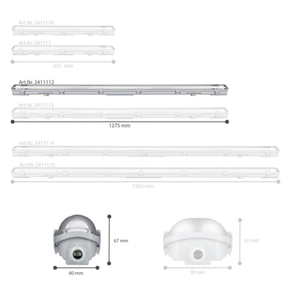 Grijze, waterdichte LED-buis van 150 cm met IP65-klasse, geschikt voor buitenverlichting. Transparante behuizing met zichtbare LED-strepen en zilverkleurige aansluiting.
