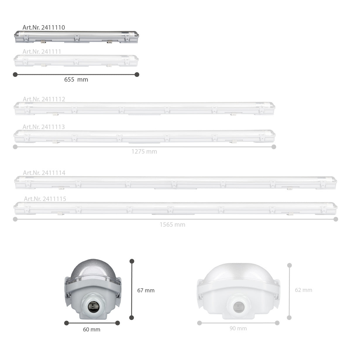 Zilverkleurige LED-balklamp met vier witte aansluitingen, geïntegreerd met vier witte T8 LED-buisverlichtingslampen voor energiezuinige, professionele verlichting in kantoren of industriële ruimtes.