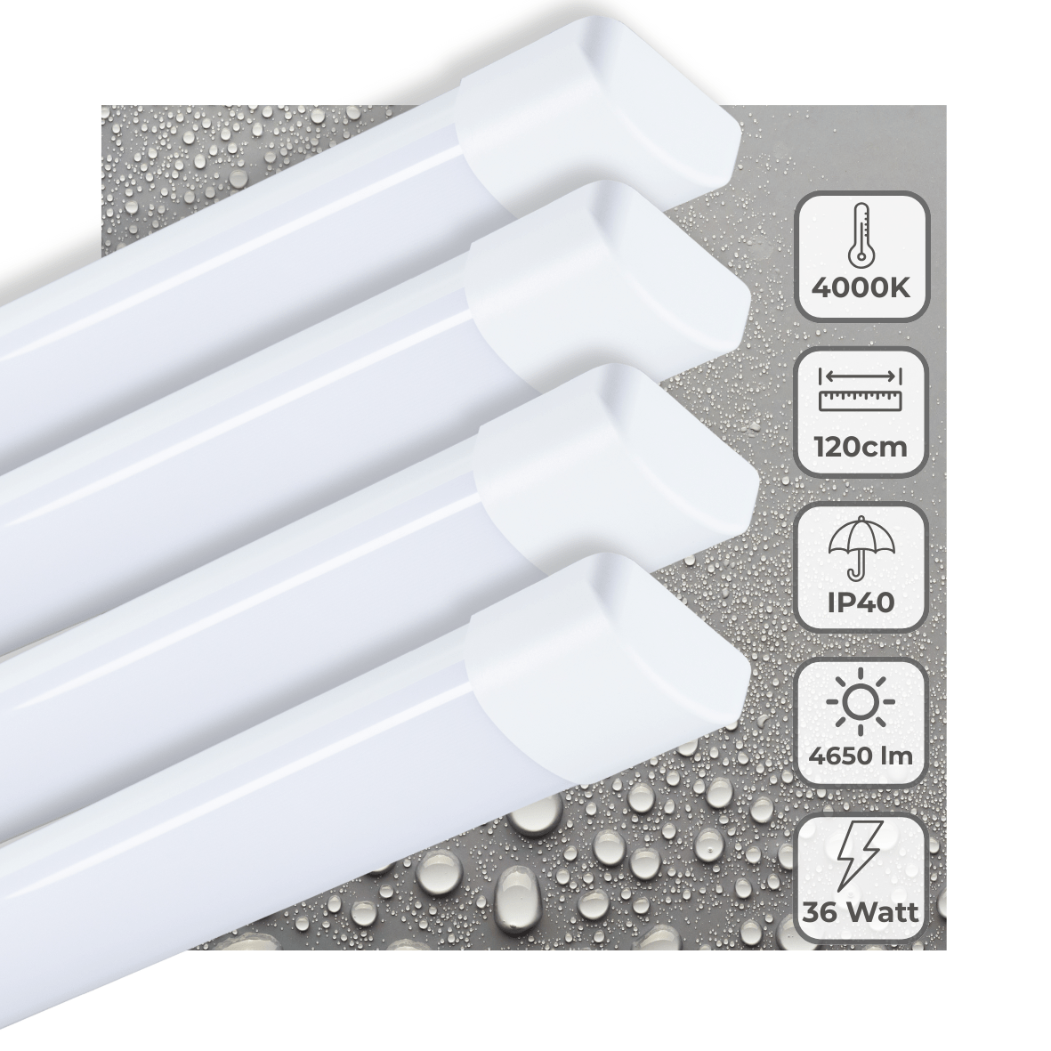 Drie witte LED-buizen van 120 cm, met IP40 waterbestendigheid, liggen op een waterdruppels oppervlak. Ze bieden 4650 lumen en zijn geschikt voor gebruik in keukens en badkamers.