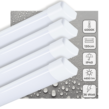 Drie witte LED-buizen van 120 cm, met IP40 waterbestendigheid, liggen op een waterdruppels oppervlak. Ze bieden 4650 lumen en zijn geschikt voor gebruik in keukens en badkamers.