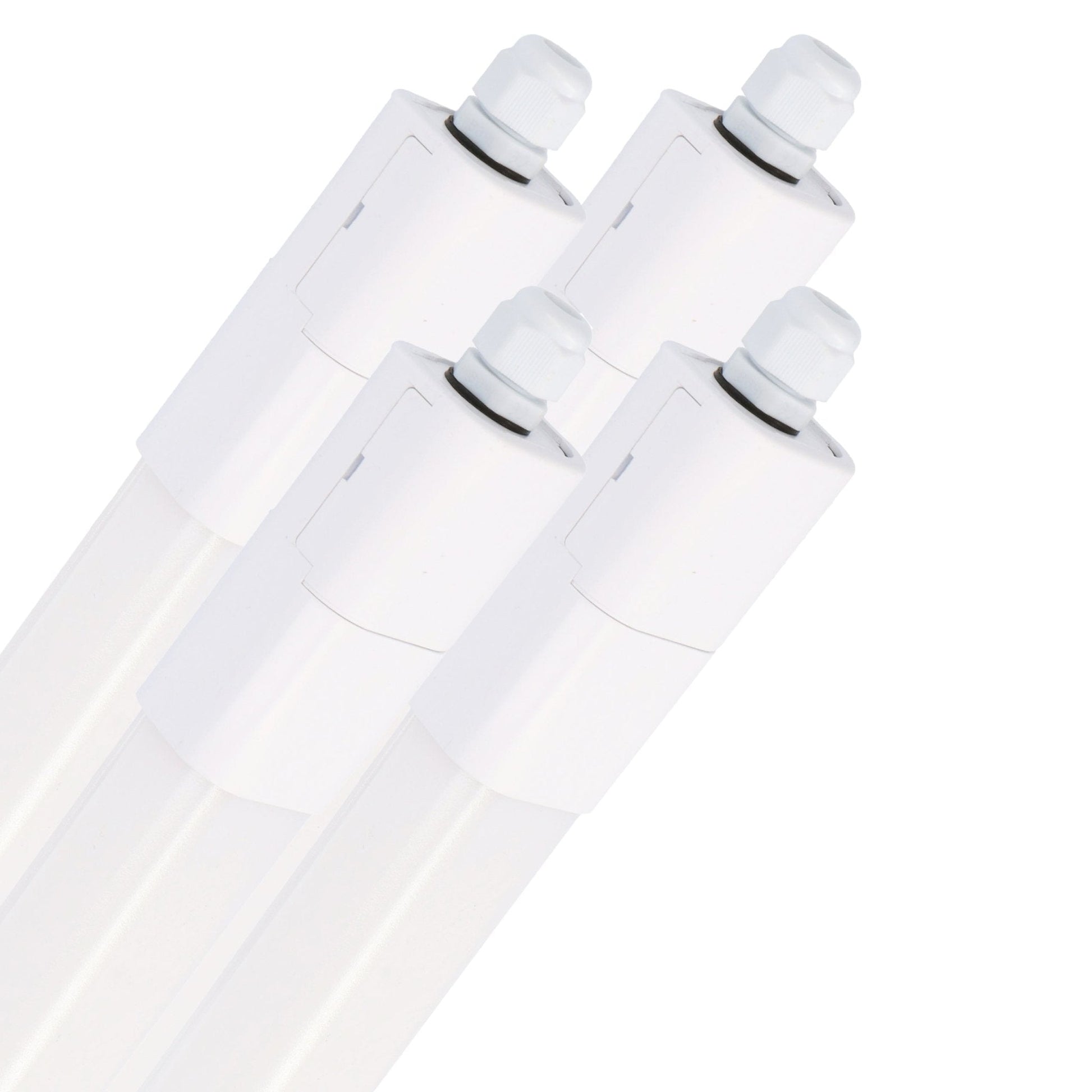 Vier witte, transparante LED-lampen met schroefkappen, geschikt voor verlichting in kantoor- en woonruimtes. Ze hebben een glanzende, moderne uitstraling en zijn ideaal voor energiezuinige verlichting.