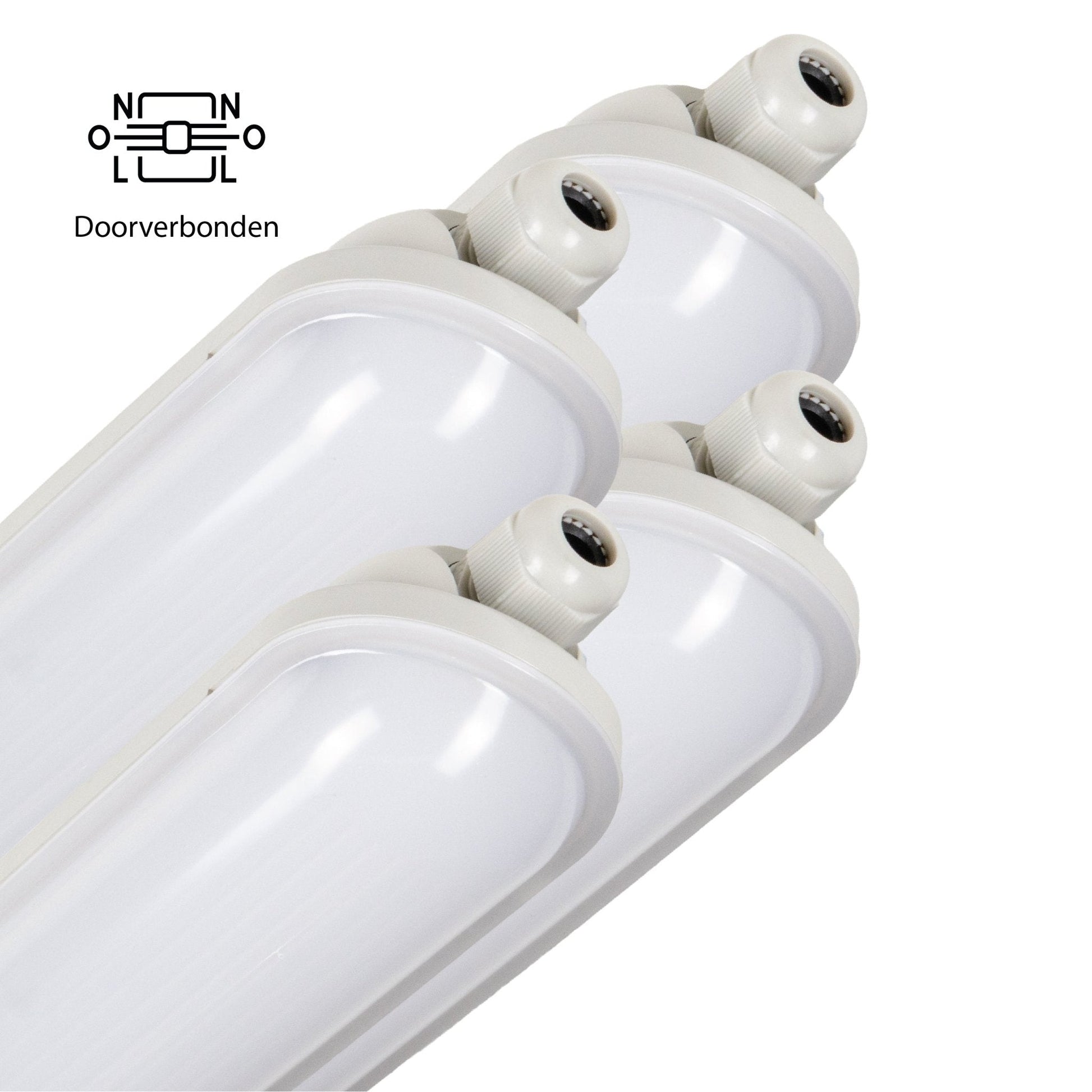 Een witte, doorverbonden LED-lamp met glanzende plastic behuizing en zichtbare aansluitingen. Geschikt voor industriële verlichting en energiezuinige ruimtes.