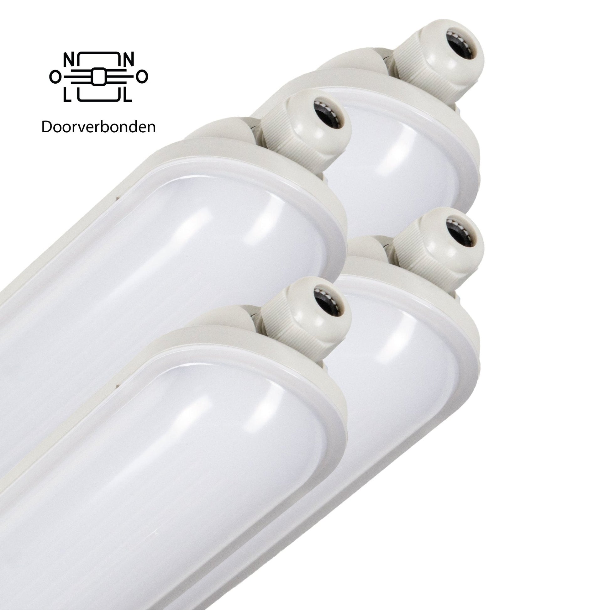 Drie witte, doorverbonden LED-lampen met glanzende plastic behuizing en zichtbare aansluitingen. Geschikt voor energiezuinige verlichting in kantoren en winkels.