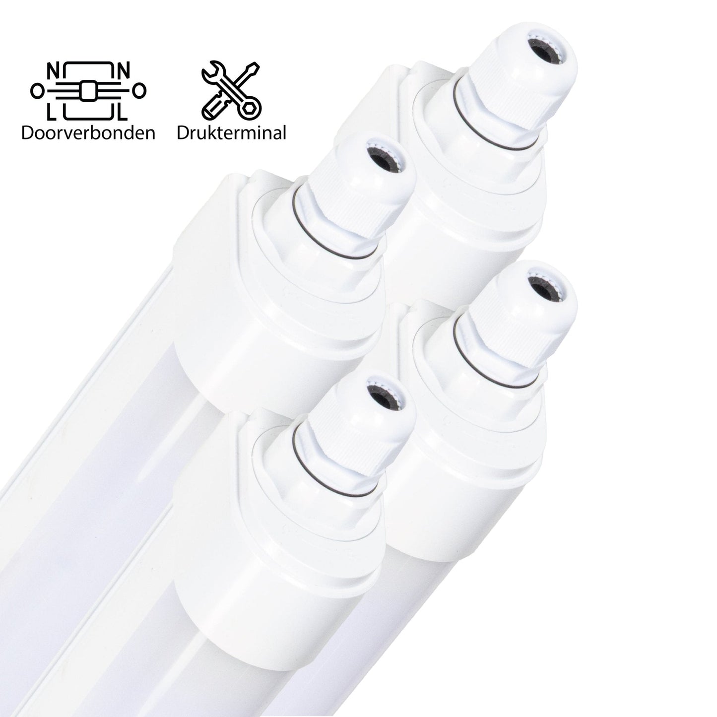 Witte LED-buis met drukterminal en doorverbonden aansluiting, geschikt voor professionele verlichting. Zichtbare metalen contacten en transparante buis voor efficiënte installatie in commerciële ruimtes.
