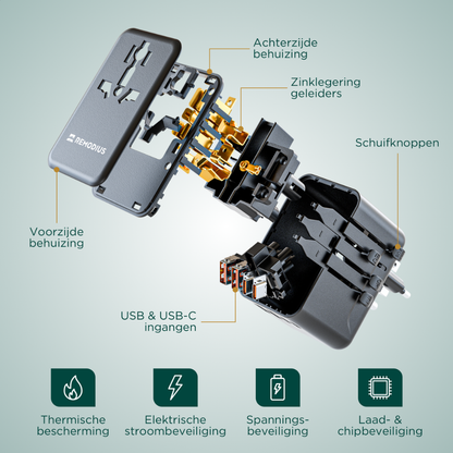 Zwart REMODIUS reisstopcontact met 4 USB-poorten en schakelaars voor EU, US, UK en AU, geplaatst naast een zwarte draagtas voor reisgebruik. Geschikt voor reis en reisgebruik.