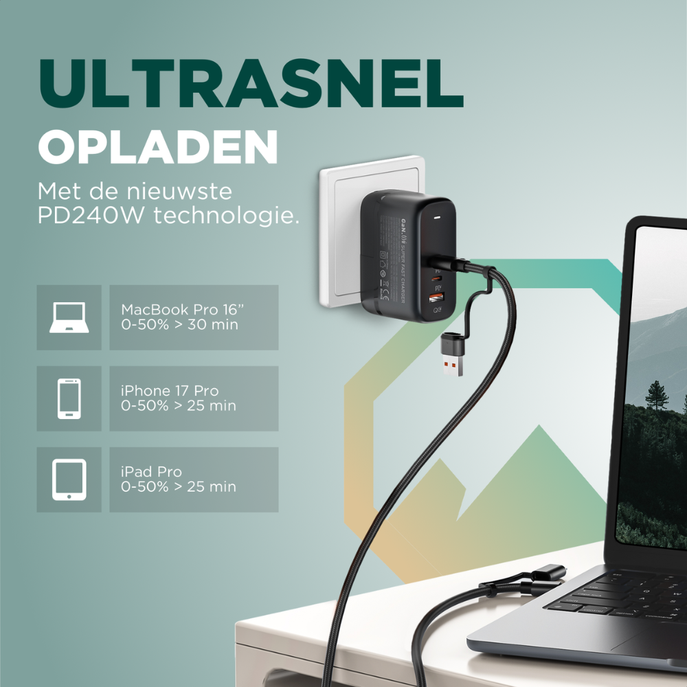 Zwart, gevlochten USB-C kabel met vier connectors: USB-A, Lightning, en twee USB-C, voor snelle opladen en dataoverdracht. Geschikt voor smartphones en tablets, met sterk merklabel REMODIUS.