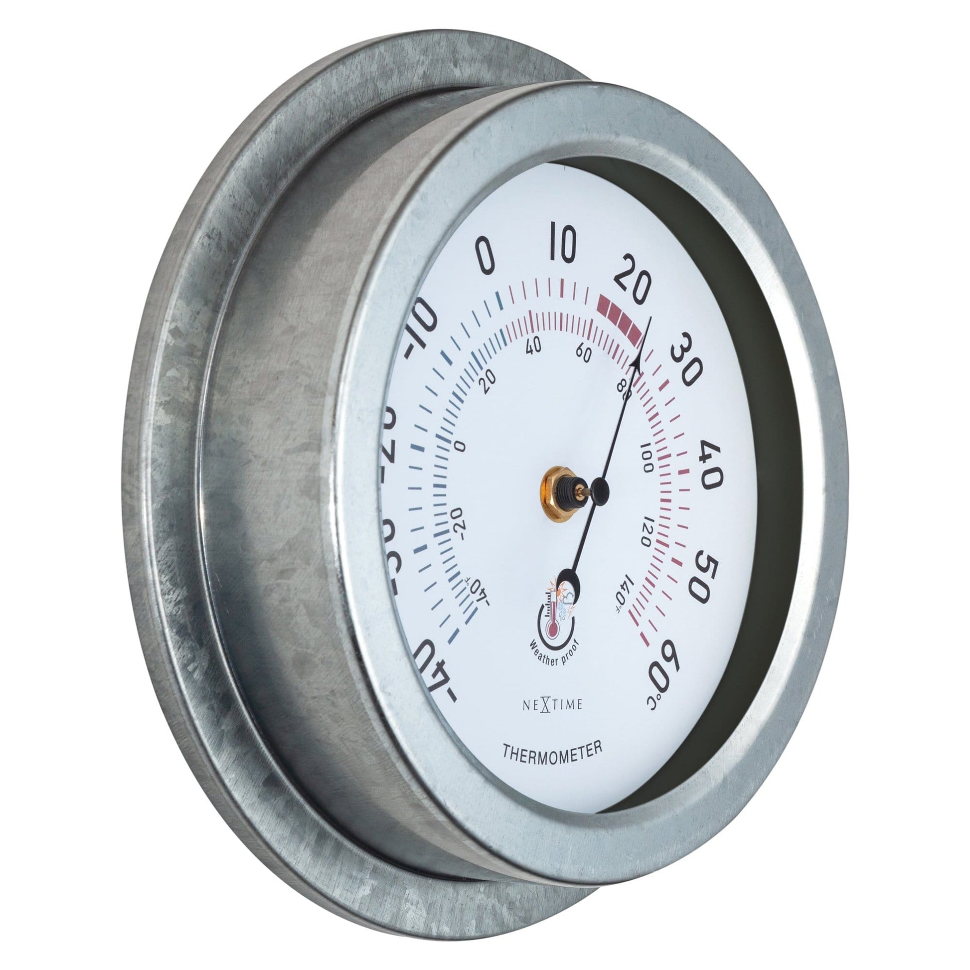 Een zilverkleurige, weerbestendige analoge thermometer van NEXtime met duidelijke schaal in graden Celsius en Fahrenheit, geschikt voor gebruik in de tuin of op het terras.