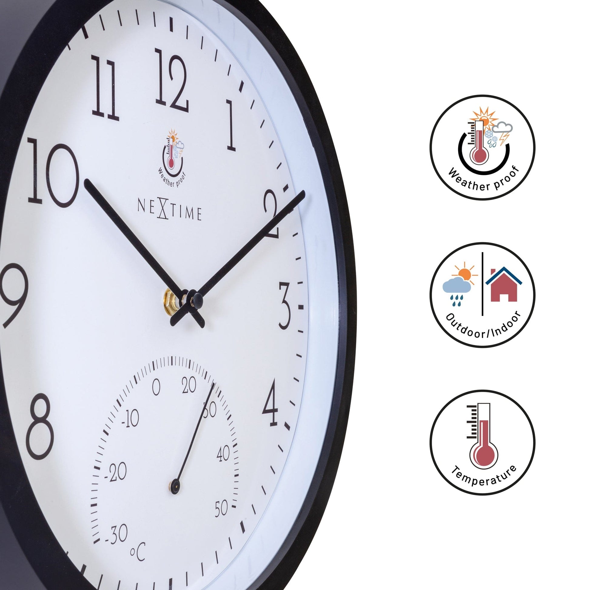Een zwarte wandklok van NEXtime met witte wijzerplaat en duidelijke cijfers, inclusief een temperatuurindicatie van -30 tot 50 graden Celsius, geschikt voor zowel huis als kantoor.