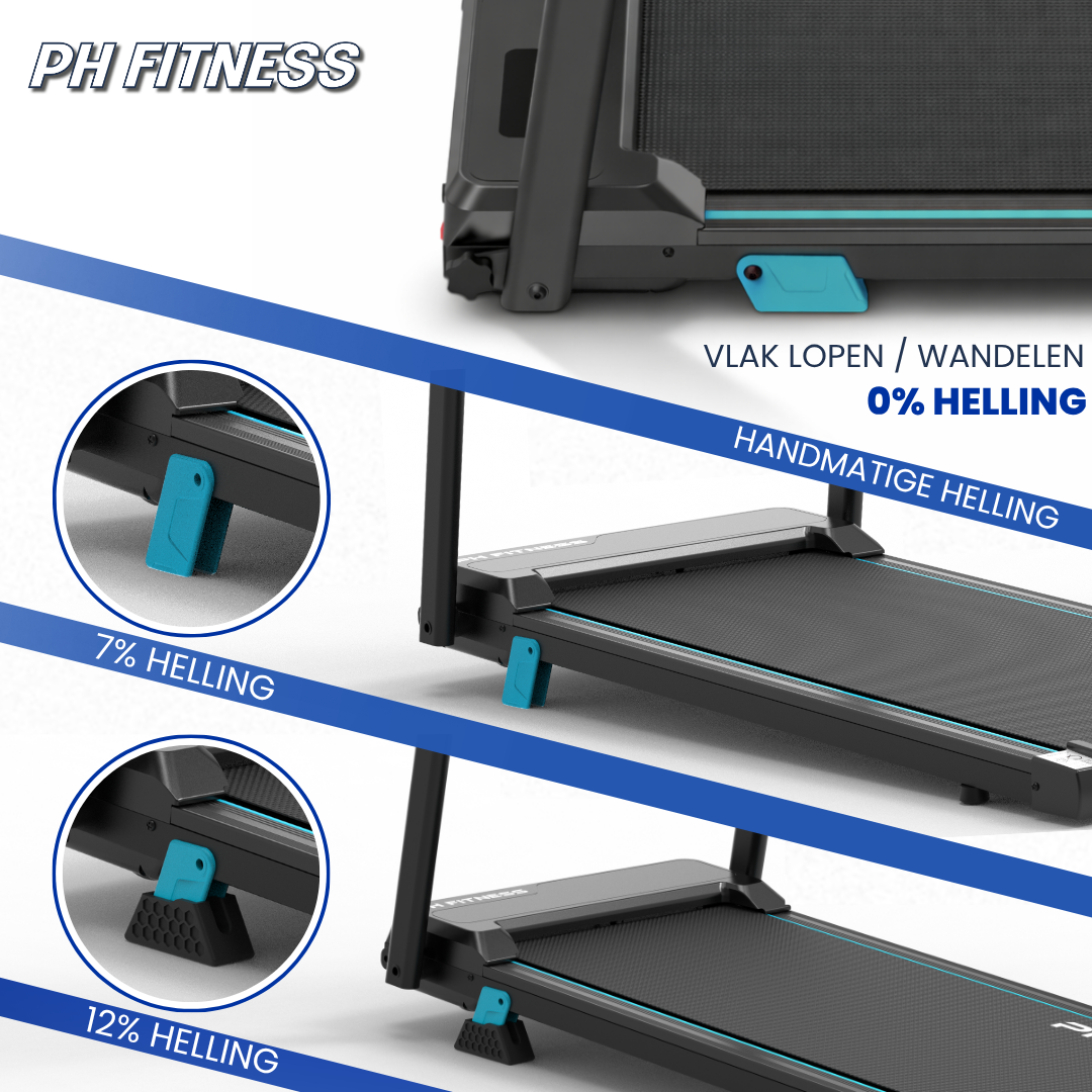 Zwarte PH FITNESS loopband met digitale display en blauwe accenten, uitgebreid met een opgevouwen variant. Ideaal voor thuisfitness en gewichtsverlies, met zichtbare bedieningsknoppen en sterkteindicatoren.