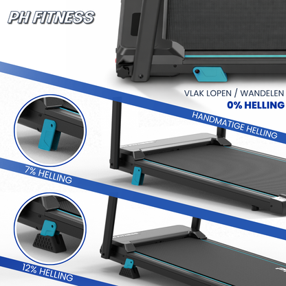 Zwarte PH FITNESS loopband met digitale display en blauwe accenten, uitgebreid met een opgevouwen variant. Ideaal voor thuisfitness en gewichtsverlies, met zichtbare bedieningsknoppen en sterkteindicatoren.