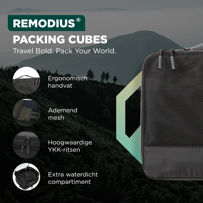 Zwart mesh reisorganisatieset met 4 delen, inclusief een draagzak en verschillende opbergzakken voor kleding en accessoires, speciaal ontworpen voor efficiënte kofferorganisatie tijdens reizen.