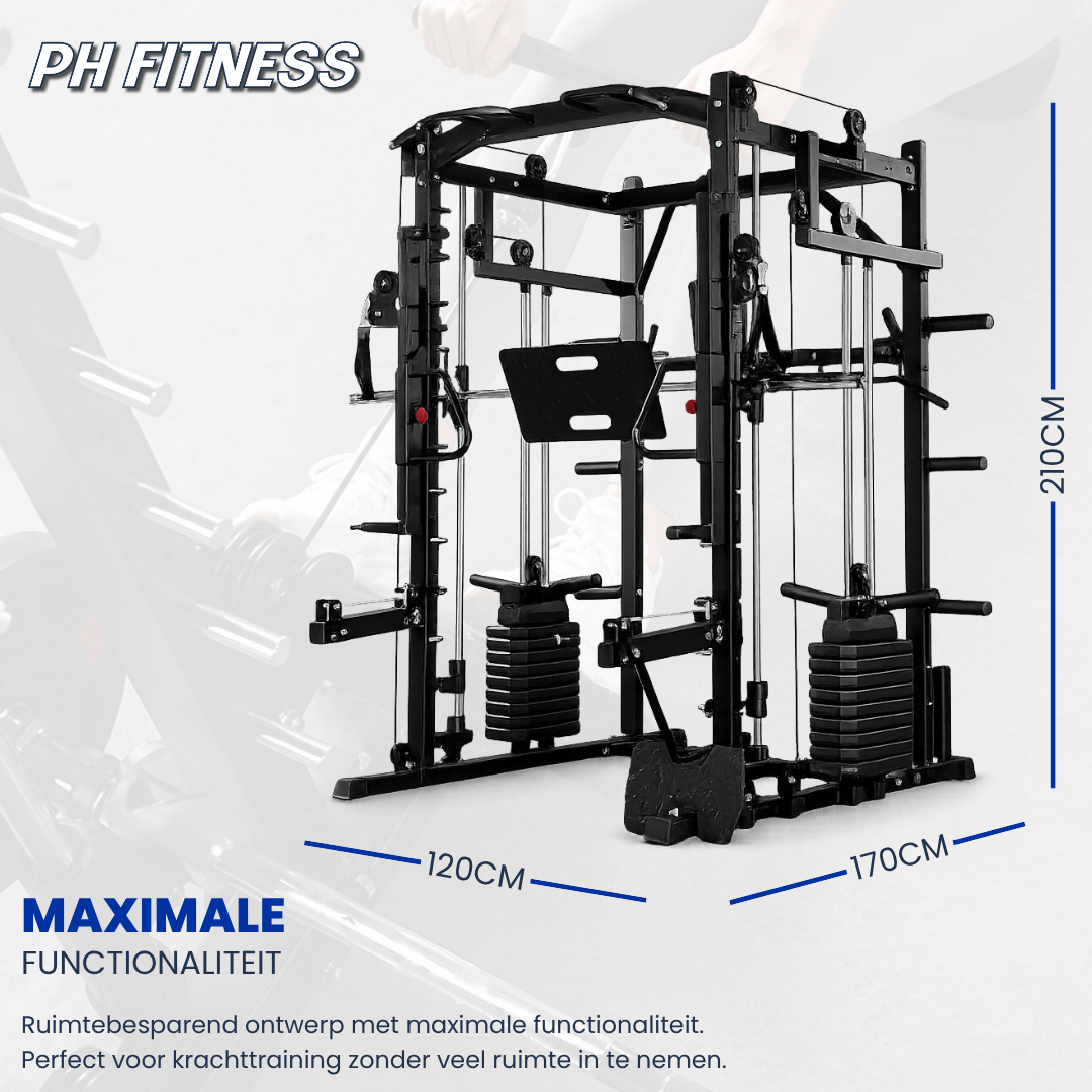 Zwarte multi-functionaliteit home gym met verstelbare kabels, houten bank en gewichtsplatens voor krachttraining. Ideaal voor thuisgebruik en intensieve workouts.
