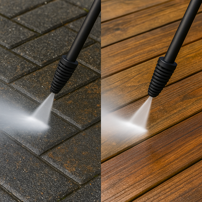 Zwarte en oranje waterstraler met wieltjes, geschikt voor tuinreiniging. Zichtbaar kabel, handvat en stroomkabel voor gebruik op de achtertuin.