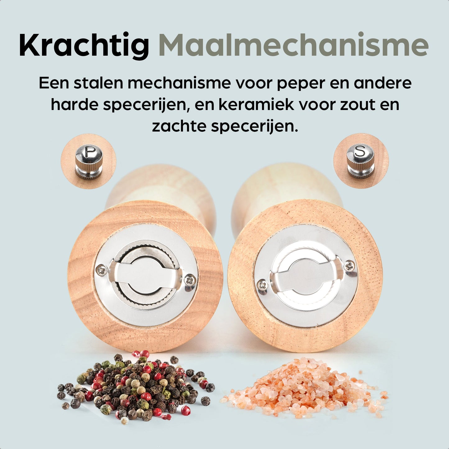 Houten pepermolen en zoutmolen van Hermanos, met goudkleurige doppen en FSC-certificering, geplaatst op een houten standaard met vervangbare doppen voor keukengereedschap.