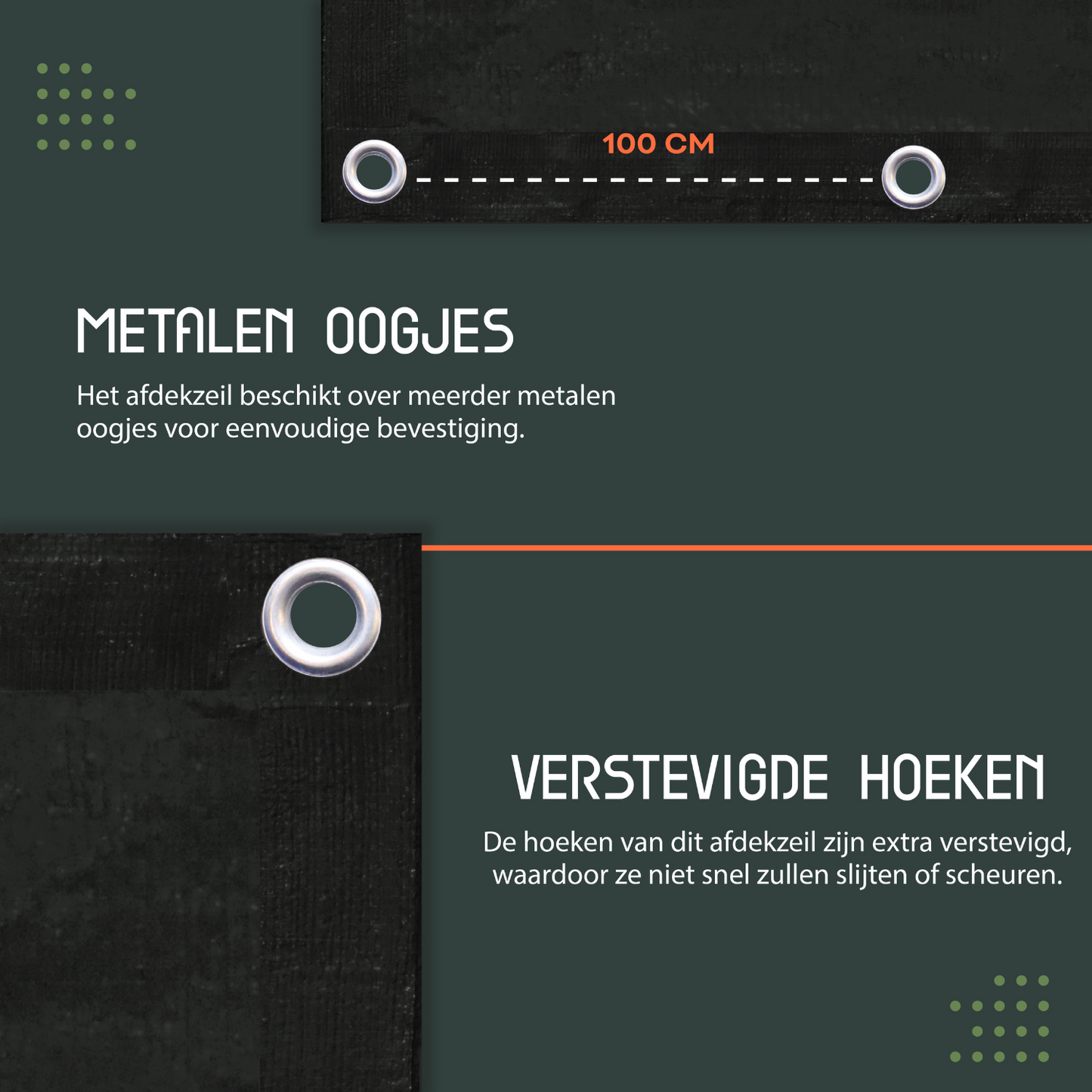 Zwart, waterdicht dekzeil van Perfect Cover, gefold met zichtbare metalen oogjes en een label met UV- en weerbestendigheidskenmerken, geschikt voor buitenopslag en tuinbescherming.