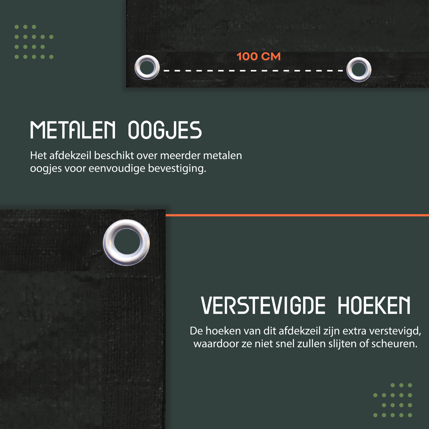 Zwart, waterdicht dekzeil van Perfect Cover, gefold met zichtbare metalen oogjes en een label met UV- en weerbestendigheidskenmerken, geschikt voor buitenopslag en tuinbescherming.