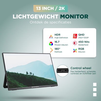 Een zwarte 13-inch Remodius 2K Quad HD HDR10+ tablet met standaard, voorzien van een zwart beschermhoes. Perfect voor reizen en mobiele productie met scherpe, kleurrijke beelden.