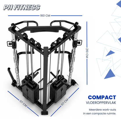 De PH Fitness multi-gym is een zwarte, stalen trainingsmachine met verstelbare banden en gewichtssets, geschikt voor thuisgym en krachttraining.