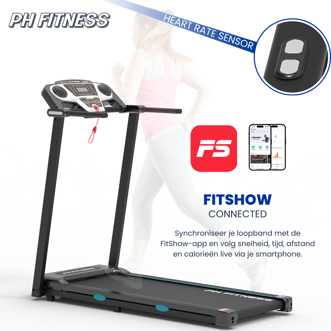 Een zwarte, vouwbare loopband met blauwe accenten en een digitale display, uitgerust met handgrepen en een rode veiligheidskoord. Ideaal voor thuisfitness en gewichtsverlies, met een compacte opbergfunctie.