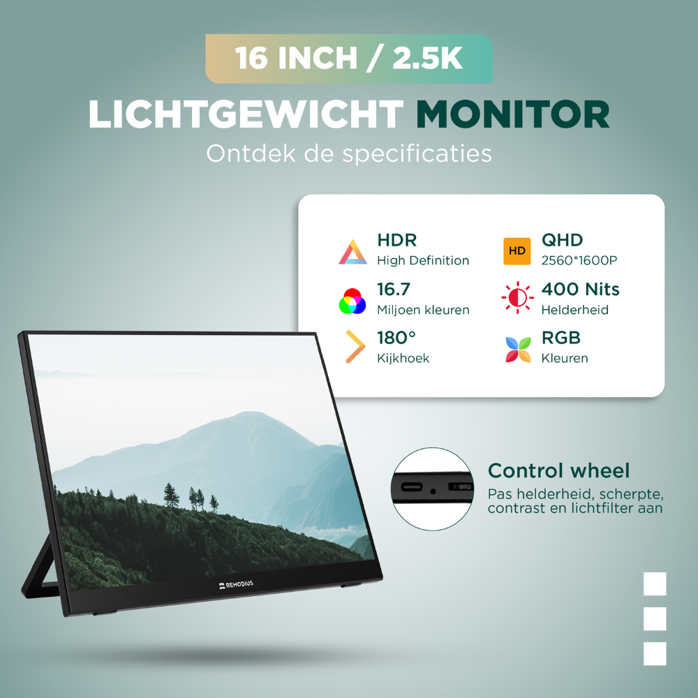 Een 16-inch Remodius 2.5K Quad HD monitor met HDR10+ en zwart frame, uitgerust met een standaardvoet, perfect voor gaming en grafisch werk.