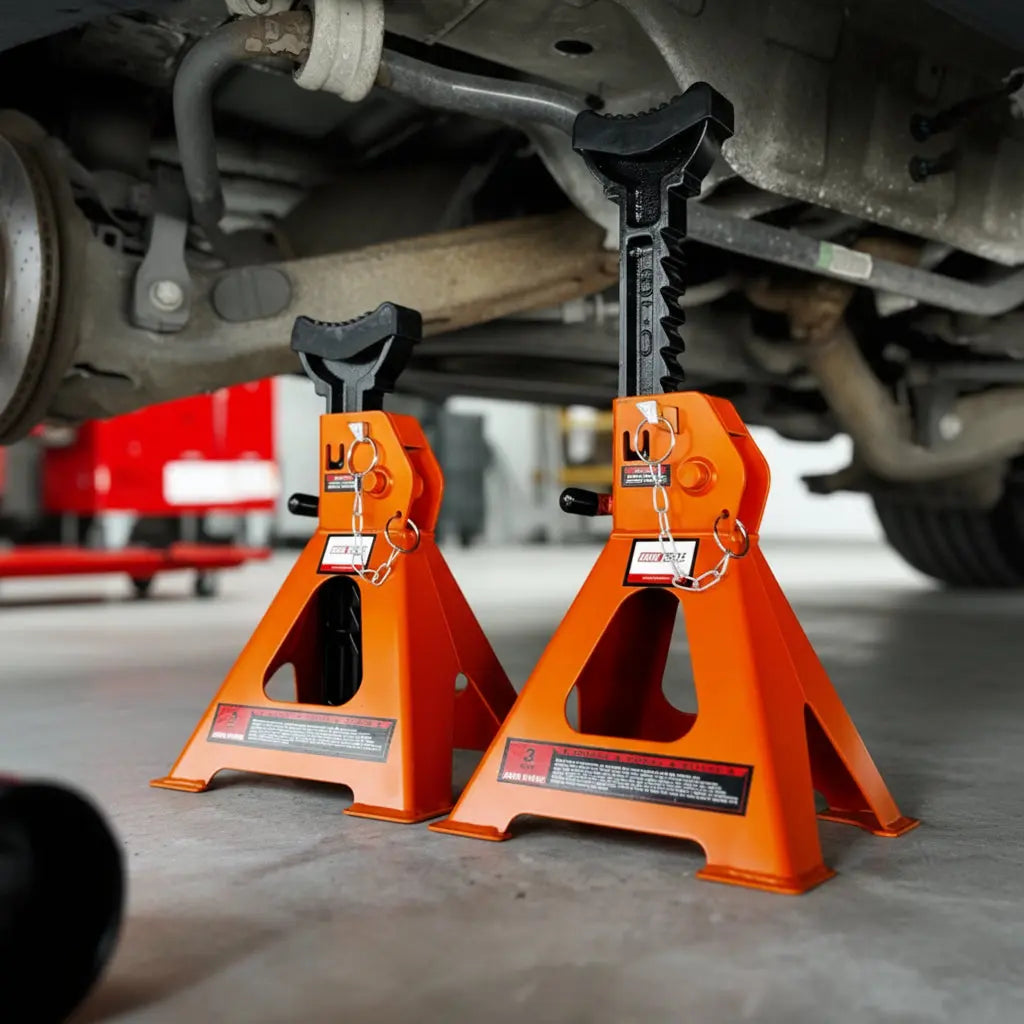 Twee oranje jackstands onder een auto, met zwarte handgrepen en veiligheidskettingen, klaar voor gebruik bij autoreparatie of onderhoud. Geschikt voor veilig verhogen van voertuigen tijdens werkzaamheden.