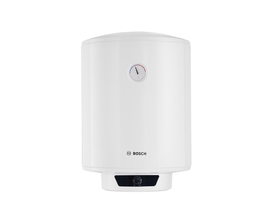 De witte Bosch tankwaterverwarmer met zichtbare temperatuurknop en merklogo. Geschikt voor huiselijk gebruik en energiezuinig verwarmen van water in badkamer of keuken.