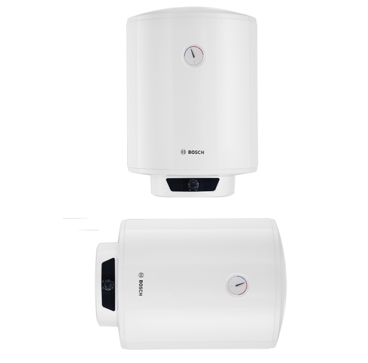 De witte Bosch waterverwarmer met zichtbare temperatuurknop en merklogo, getoond van twee kanten, geschikt voor compacte badkamerinstallatie en energiezuinig verwarmen.