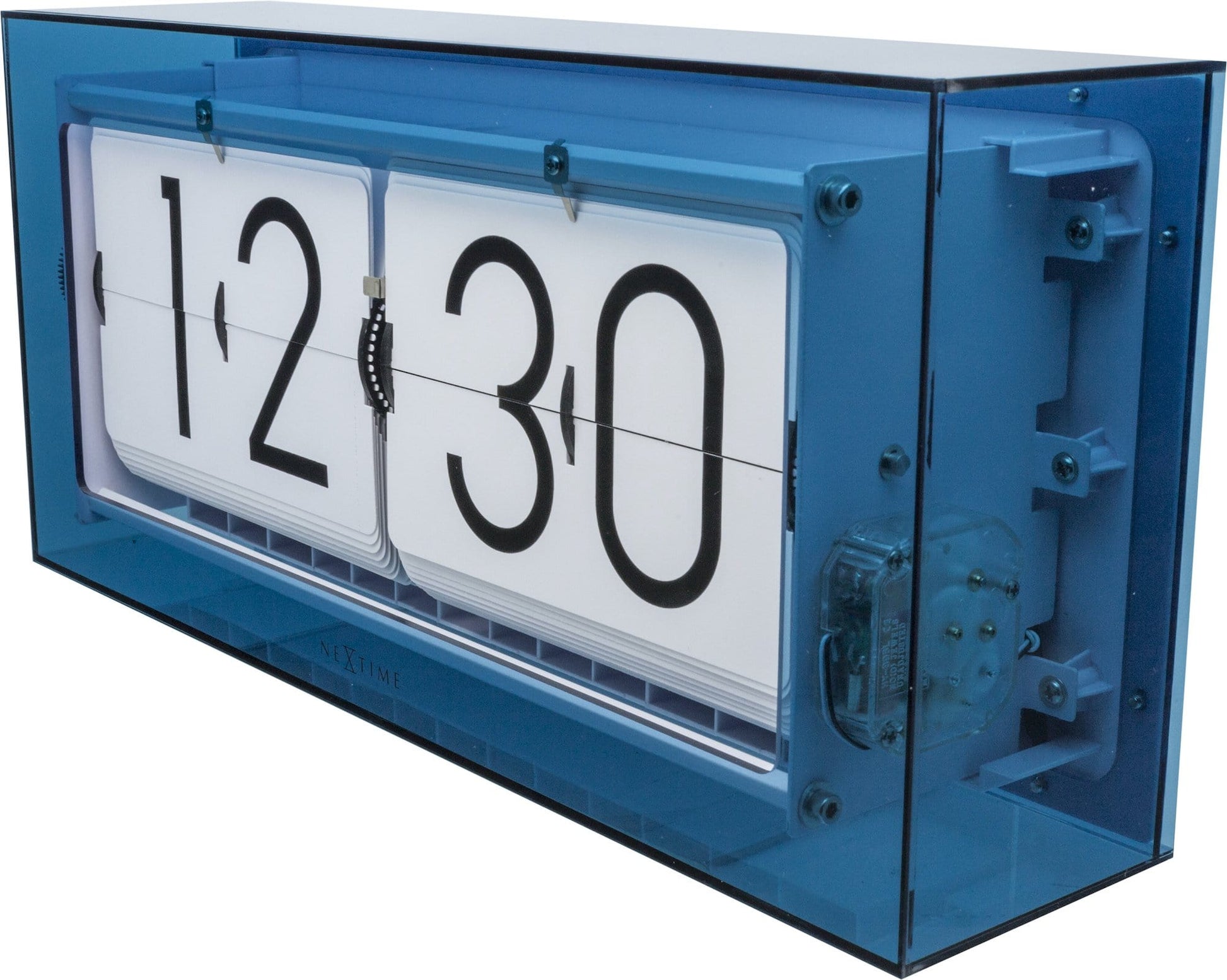 Een klassieke, blauwe flipklok met witte schijven en zwarte cijfers toont 12:30. Geschikt voor kantoor of huis, met zichtbare mechanische details en een retro design.