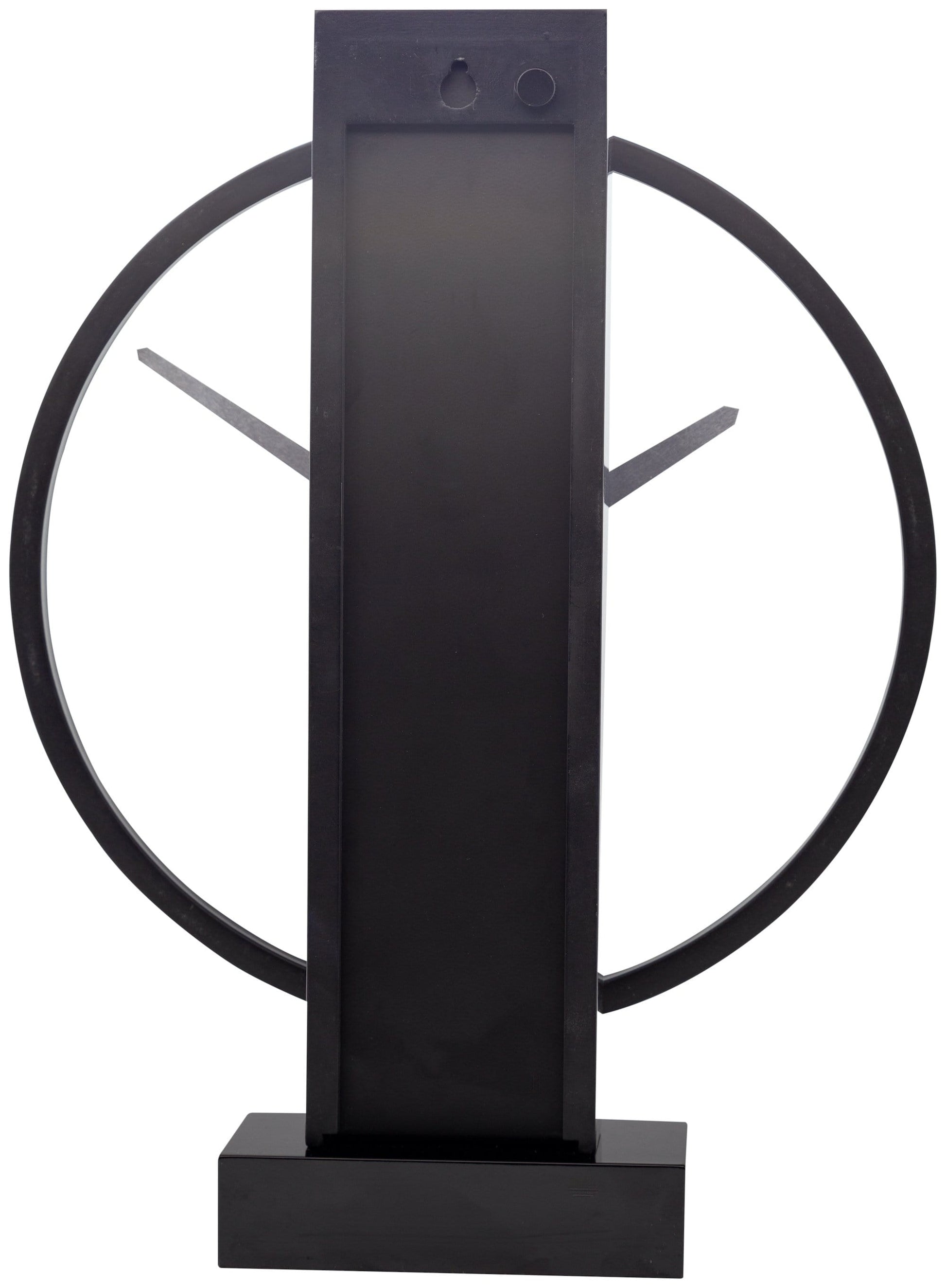 Een moderne, zwarte tafelklok van het merk Nextime met een minimalistisch ontwerp, witte wijzers en een glanzende, cirkelvormige rand. Perfect voor een stijlvolle woonkamer of kantoordecoratie.