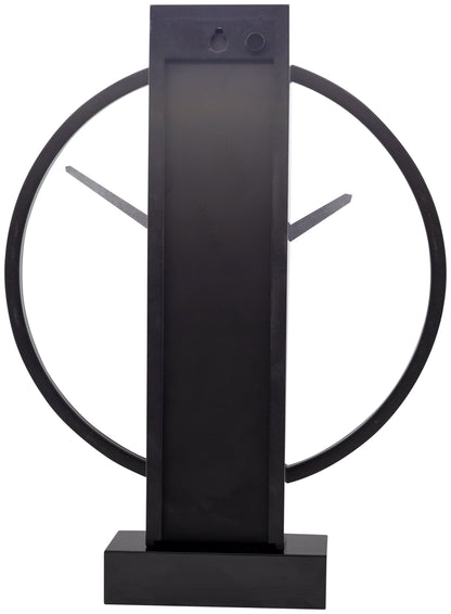 Een moderne, zwarte tafelklok van het merk Nextime met een minimalistisch ontwerp, witte wijzers en een glanzende, cirkelvormige rand. Perfect voor een stijlvolle woonkamer of kantoordecoratie.