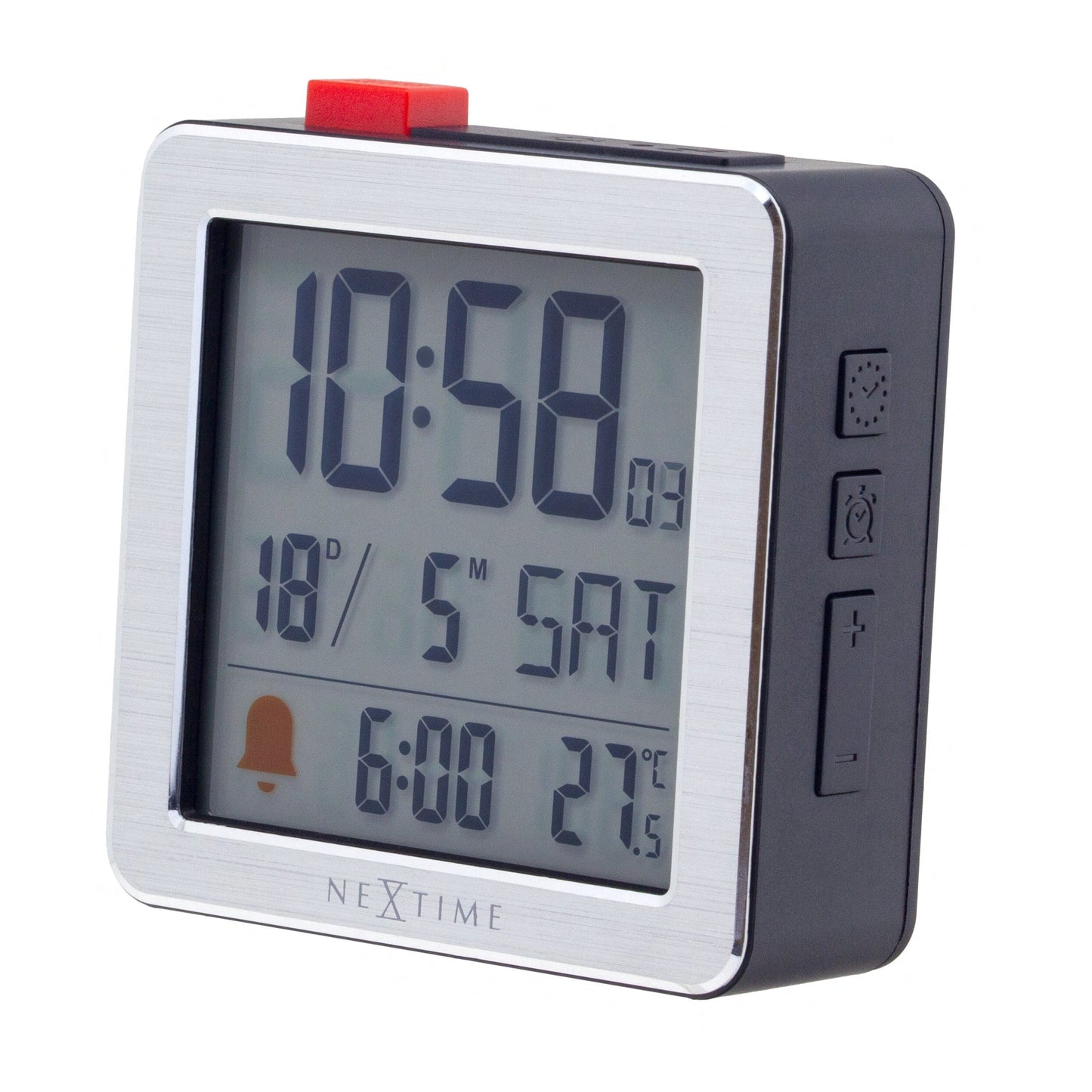 Comnox - NeXtime - Digitale Klok met Alarm en Temperatuursensor – Compact en Stil – 6x6,4x2,1cm – Metal/ABS – Zwart/Wit