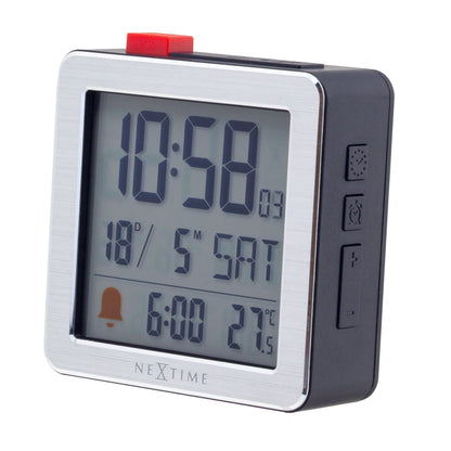 Comnox - NeXtime - Digitale Klok met Alarm en Temperatuursensor – Compact en Stil – 6x6,4x2,1cm – Metal/ABS – Zwart/Wit