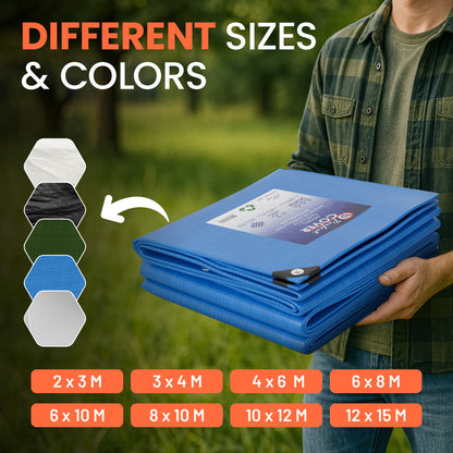 Groen tarpaulin dekzeil van Perfect Cover, gevouwen met zichtbare waterdichte en UV-bestendige eigenschappen, geschikt voor outdoor bescherming van tuin- en bouwprojecten.